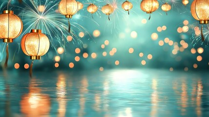 Poster - Captivating 3D showcasing a mesmerizing display of colorful fireworks bursting in the sky surrounded by a serene arrangement of glowing lanterns against a clean