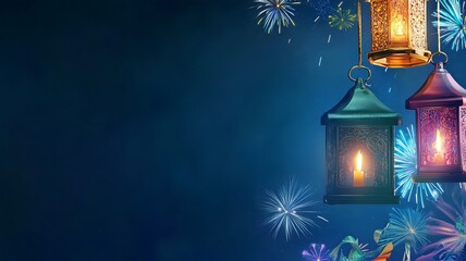 Poster - Vibrant display of colorful fireworks exploding in the night sky accompanied by glowing lanterns floating gracefully against a clean minimalist background  3D