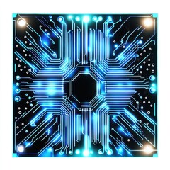 Poster - Abstract futuristic circuit board design with glowing blue lines and dots on a black background.