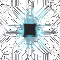 Poster - A close-up view of a computer chip surrounded by intricate circuit lines, emitting a blue glow, symbolizing technology and innovation.