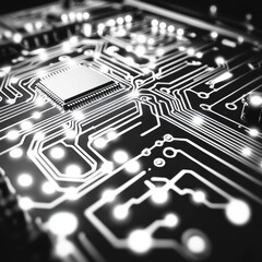 Poster - Close-up of a modern electronic circuit board showcasing intricate connections and glowing components.