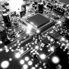 Poster - Close-up of a sleek, modern black circuit board illuminated with bright lights and intricate pathways.