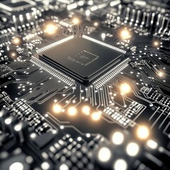 Poster - Close-up of a modern microchip on a circuit board, showcasing intricate designs and glowing lights.