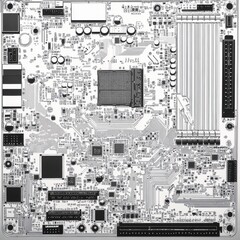 Poster - Detailed view of a computer motherboard showcasing intricate circuit designs and components.