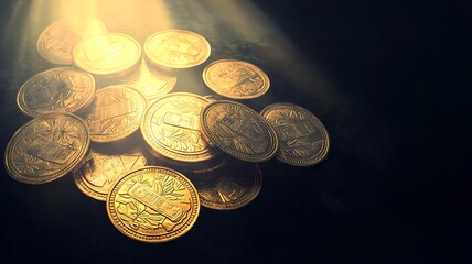 Poster - Vibrant and shimmering golden coins with a glowing radiance set against an abstract and spacious background