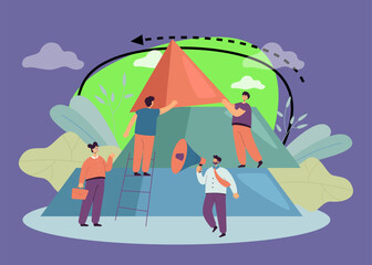 Poster - Team of business people building pyramid together. Teamwork of male and female tiny partner characters working on cooperation flat vector illustration. Business challenge, partnership concept