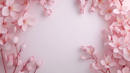 Poster - Elegant cherry blossom tree branches elegantly framing a clean white background with an empty text field for copy space in a 3D digital