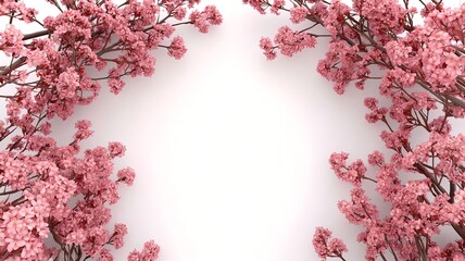 Poster - Elegant and delicate cherry blossom branches gracefully framing a clean white background with a blank text field in a 3D digital This serene and minimalist design can be used as a versatile backdrop