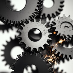 Poster - Dynamic close-up of interlocking black gears with sparks, showcasing the intricate details of machinery in motion.
