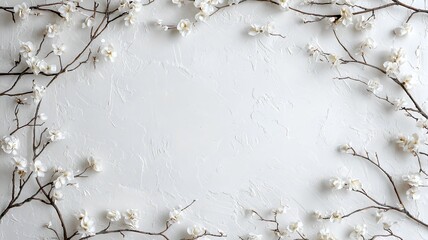 Poster - Delicate Cherry Blossom Branches Framing a Blank White Background Providing a Clean and Elegant Digital Design Element with Ample Text Space