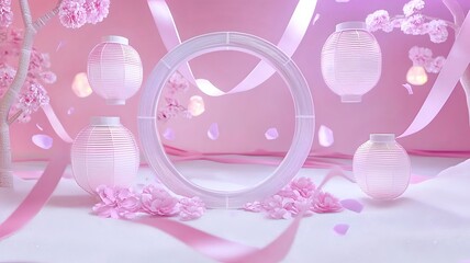 Poster - Visually striking 3D featuring a circular arrangement of colorful lanterns and decorative ribbons set against a sleek gradient background with ample space for text or branding