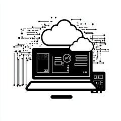 Poster - Illustration of a computer with cloud computing graphics, emphasizing technology and digital connectivity.