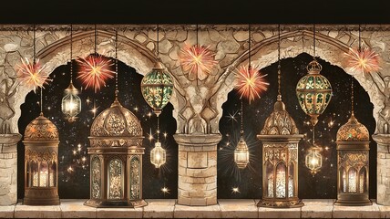 Poster - Vibrant of lanterns and fireworks with glowing red accents in a seamless 3D The scene features a clean text zone against a backdrop of luminous shimmering lights in the night sky