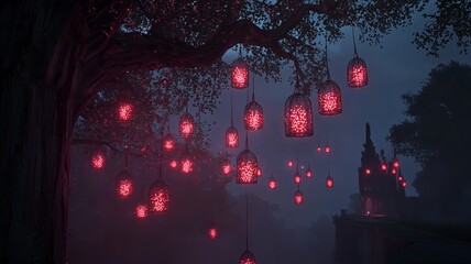 Poster - Captivating 3D depicting a vibrant display of lanterns and fireworks with glowing red accents set against a seamless clean text zone perfect for nighttime and festivals
