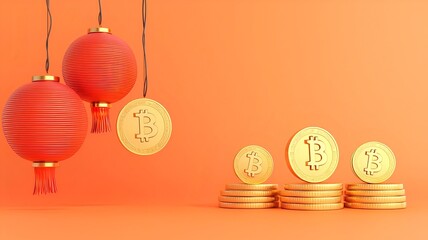 Poster - Captivating 3D featuring a clean minimalist layout with shimmering golden coins and glowing lanterns against a blank text area  The design exudes an elegant opulent atmosphere