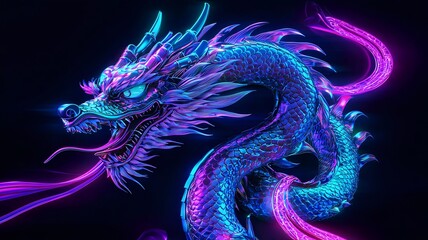 Poster - Stunning 3D featuring vibrant dynamic dragon motifs adorned with glowing ribbons against a spacious festive backdrop   perfect for various design applications from branding to event decor