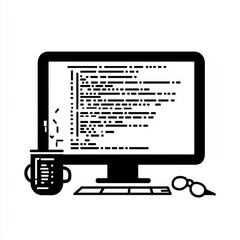 Poster - Black and white illustration of a computer screen displaying code, with a coffee mug and glasses nearby.