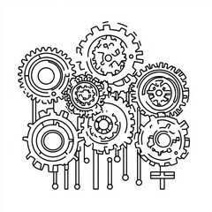 Poster - A complex arrangement of interconnected gears in a minimalist black and white design, showcasing mechanical precision.