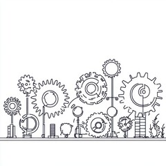 Poster - A whimsical illustration of interconnected gears and cogs in a mechanical landscape design.