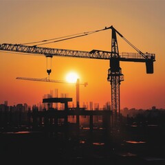 Poster - Silhouette of construction crane against a vibrant sunset, showcasing urban development and progress.