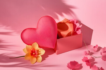 Poster - Pillow heart and paper flower in a gift box on a pink background.