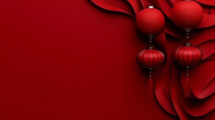 Poster - Elegant abstract swirling red ribbons and lanterns in a minimalist festive 3D This digital artwork features a dynamic fluid composition with flowing curves and a reserved blank text zone
