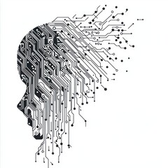 Aufkleber - A stylized silhouette of a head merging with a circuit board design, representing technology and innovation.