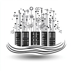 Poster - Abstract black and white illustration of servers with digital elements, representing data and technology.