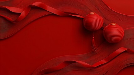 Poster - Enchanting swirling red ribbons and lanterns with a reserved blank text zone showcasing a minimalist yet festive tone in a captivating 3D