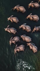 Wall Mural - Aerial shot of elephants crossing a river in unison, showcasing strength and group dynamics.