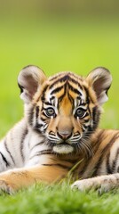 Wall Mural - Adorable tiger cub resting on green grass, symbolizing innocence and playful wildlife.