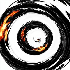 Poster - Abstract spiral design featuring black and white swirls with bursts of orange flames, creating a dynamic visual effect.