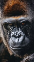 Wall Mural - Close-up of gorilla face with intense expression, showcasing detail and power in the wild.