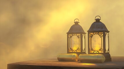 Poster - Captivating 3D showcasing a serene lantern filled scene with a striking display of luxurious gold ingots set against a clean spacious backdrop creating an atmosphere of wealth prosperity