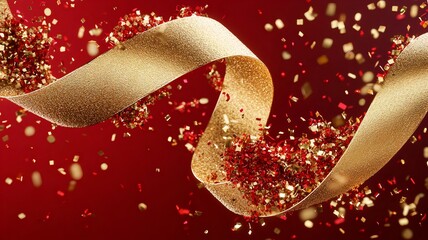 Poster - Captivating Red and Gold Ribbon Swirls with Glowing Particles in Seamless Clean 3D Design  Elegant Luminous and Dynamic Background Pattern or Texture for Luxury Festive or Holiday Concepts