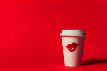 Canvas Print - Disposable coffee cup with lipstick mark on red background