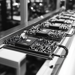 Poster - Close-up of intricate electronic circuits on a modern manufacturing line, showcasing precision and technology.