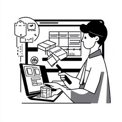 Poster - A young male in a digital workspace analyzes data while managing packages on a laptop.