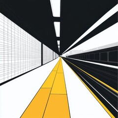 Poster - A minimalist illustration of a train station platform with bold lines and a striking yellow path.