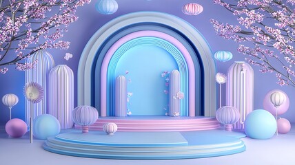 Poster - Elegant and serene 3D featuring a sleek gradient background with delicate lantern and cherry blossom patterns