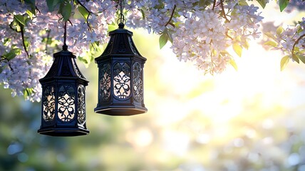 Poster - Elegant and captivating 3D featuring lantern and cherry blossom patterns on a sleek gradient background with a spacious text zone