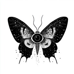 Poster - A captivating black and white illustration of a butterfly featuring an eye design at its center.