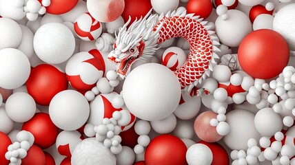 Poster - Captivating 3D featuring dragon and lantern patterns that come together to form abstract symmetrical shapes in a seamless modern and festive design