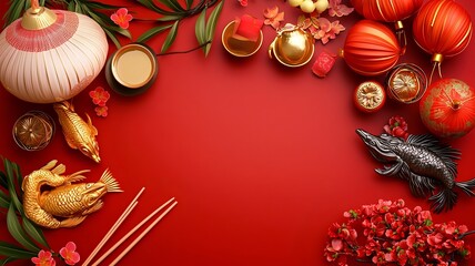 Poster - Stunning 3D of vibrant fireworks and auspicious prosperity symbols with glowing accents against a clean minimalist background  This image evokes a sense of festive elegance