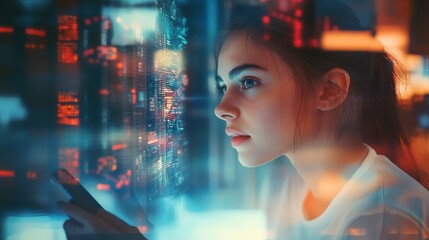 Poster - Digital technology, internet network connection, big data, digital marketing internet of things. Woman using mobile phone and laptop computer surfing internet, innovative technology background, HD ima