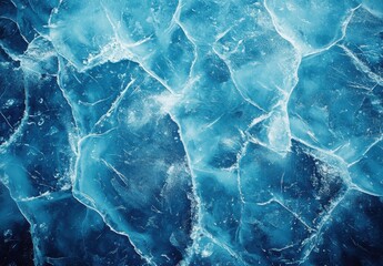 Poster - Close-up View of Cracked Ice Surface with Textured Patterns and Celestial Blue Hues Reflecting Light in a Natural Setting