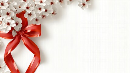 Poster - Elegant and Minimalist 3D of Cherry Blossoms and Red Ribbons Framing a Clean White Background Creating a Reserved Text Placeholder for Various Purposes