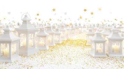 Poster - Ethereal Glowing Lanterns with Golden Trails on a Seamless White Background for Elegant and Minimalist Design Concepts Digital 3D
