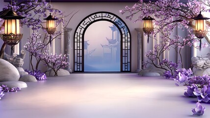 Poster - Mesmerizing Lanterns and Cherry Blossoms in Gradient Glow 3D Elegant and peaceful night scene with ornamental Japanese inspired decor serene ambiance and ample space for text or design overlay