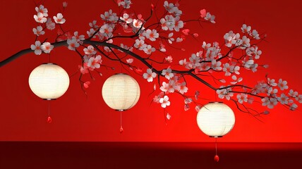 Poster - Beautifully rendered 3D featuring elegant lanterns and delicate cherry blossoms set against a sleek gradient backdrop with glowing accents